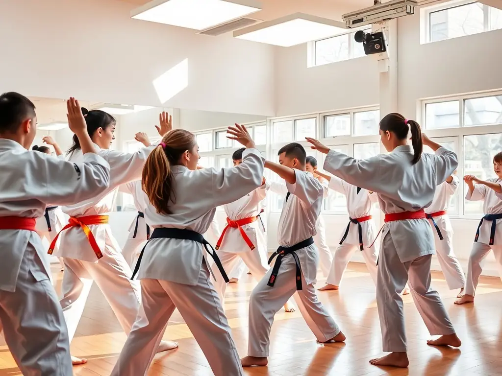 A group photo of Taekwondo students of various ages and skill levels, smiling and supporting each other, illustrating the sense of community and camaraderie at Severac Taekwondo.