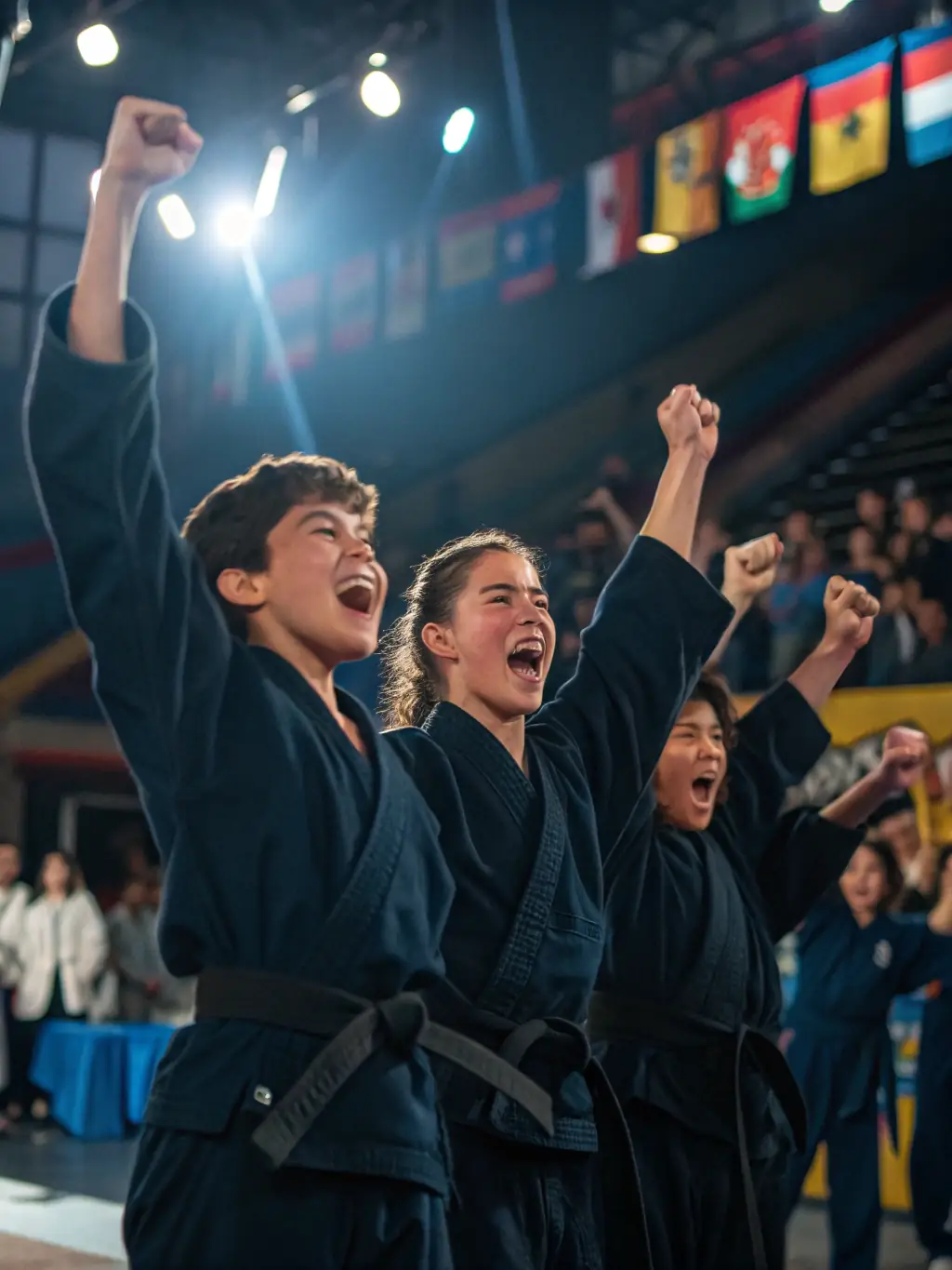 A vibrant image of students participating in a special Taekwondo event, such as a belt promotion ceremony or a demonstration, highlighting the community spirit and achievements at Severac Taekwondo.