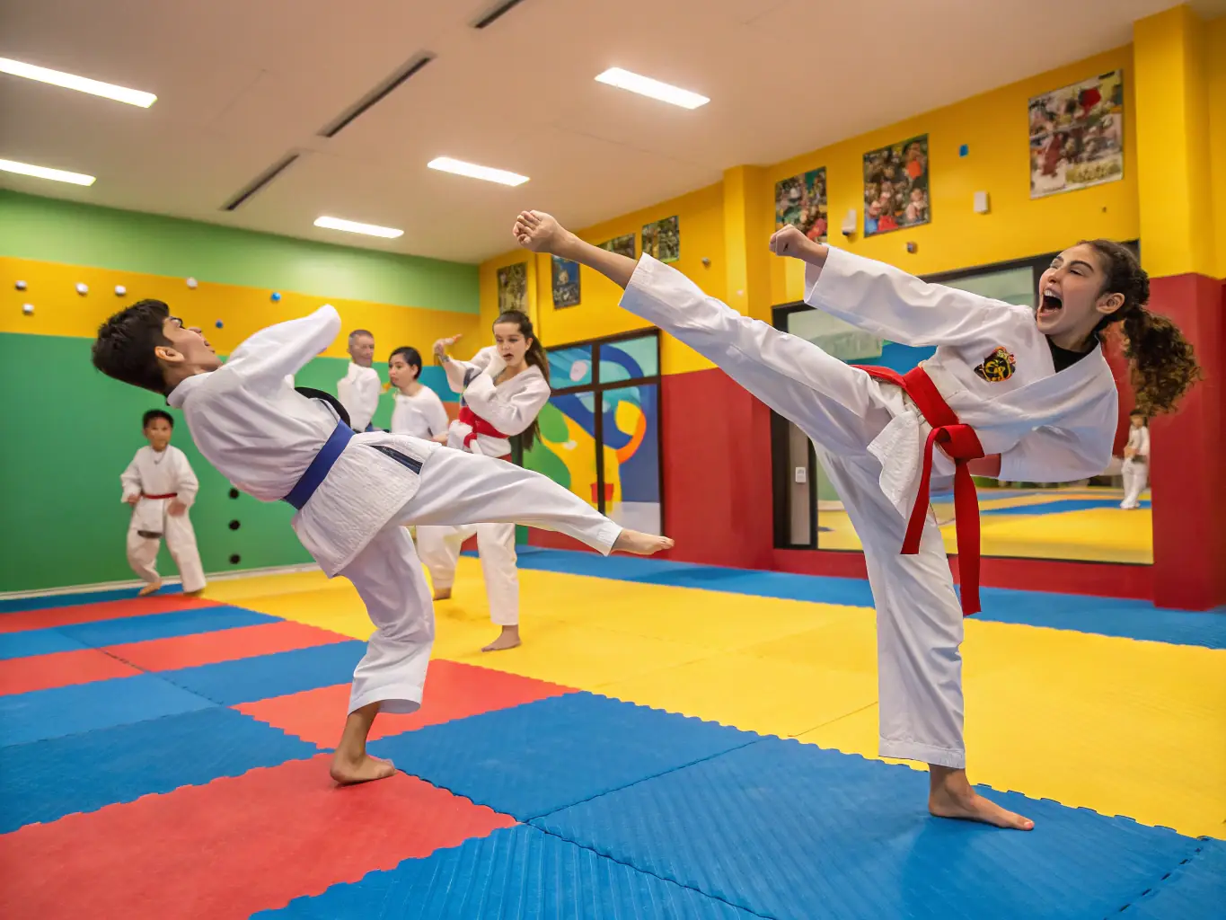 A dynamic image of children participating in a Taekwondo class, showcasing their agility and focus while performing kicks and stances under the guidance of an instructor at Severac Taekwondo.