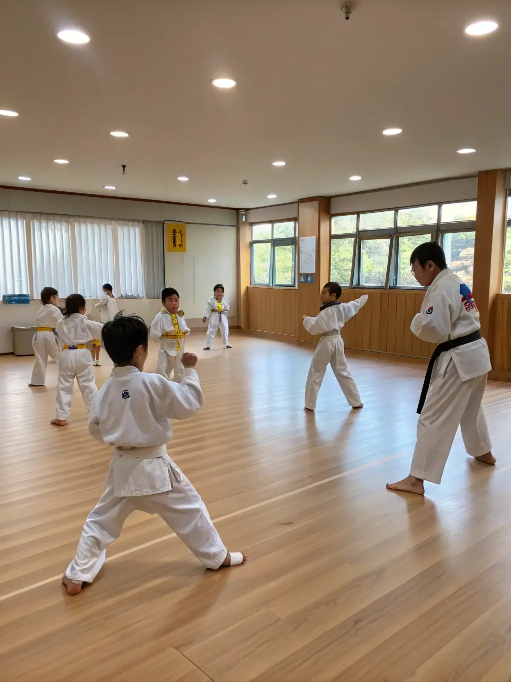 A dynamic image of children participating in a Taekwondo class, showcasing their energy and enthusiasm while performing basic stances and kicks under the guidance of an instructor at Severac Taekwondo.