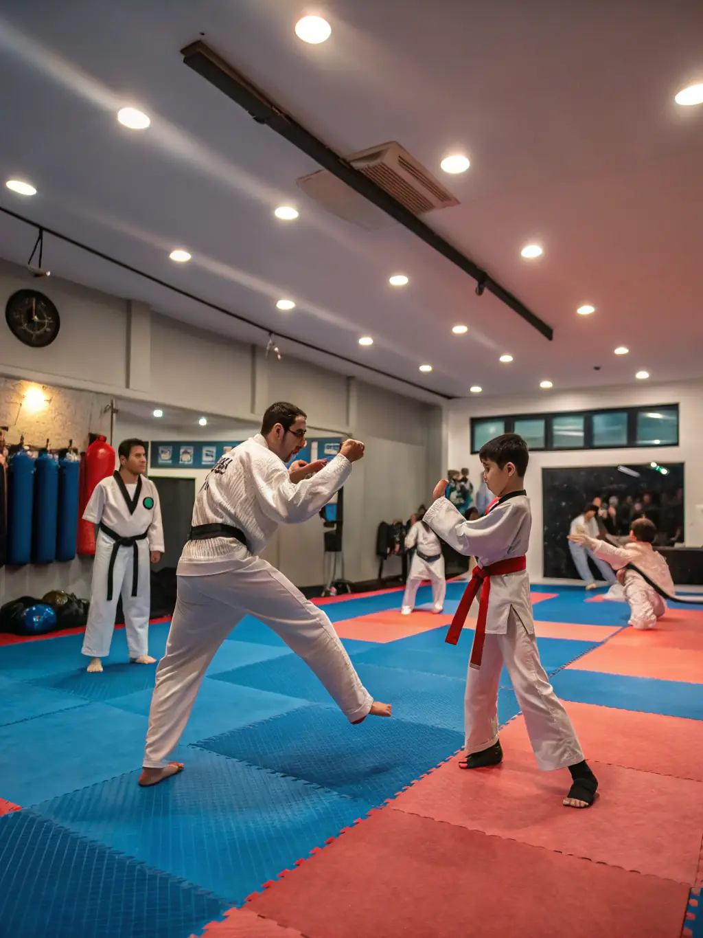 A focused image of teenagers sparring in a controlled Taekwondo match, demonstrating their agility, technique, and competitive spirit under the supervision of experienced instructors at Severac Taekwondo.