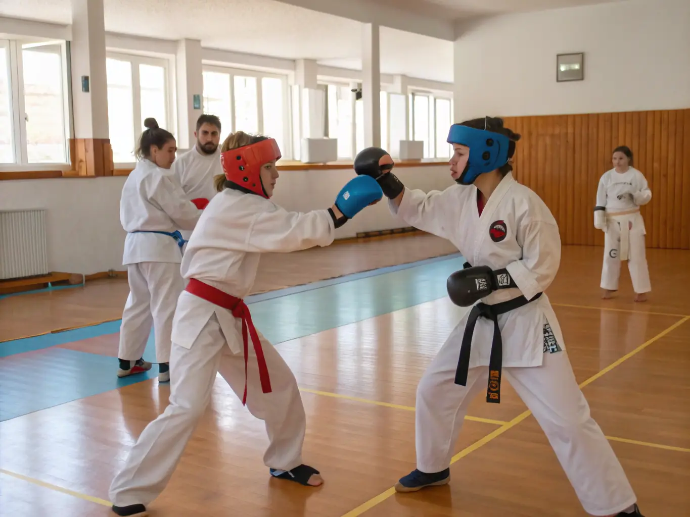 A teenager in a black taekwondo uniform sparring with an instructor at Severac Taekwondo, Severac D'Aveyron. The image should convey intensity and skill.