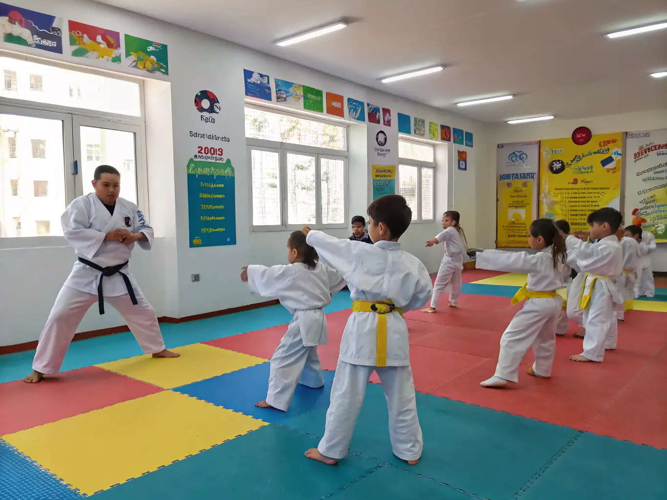 A group of young children in white taekwondo uniforms practicing basic stances under the guidance of an instructor at Severac Taekwondo, Severac D'Aveyron. The image should convey energy and focus.