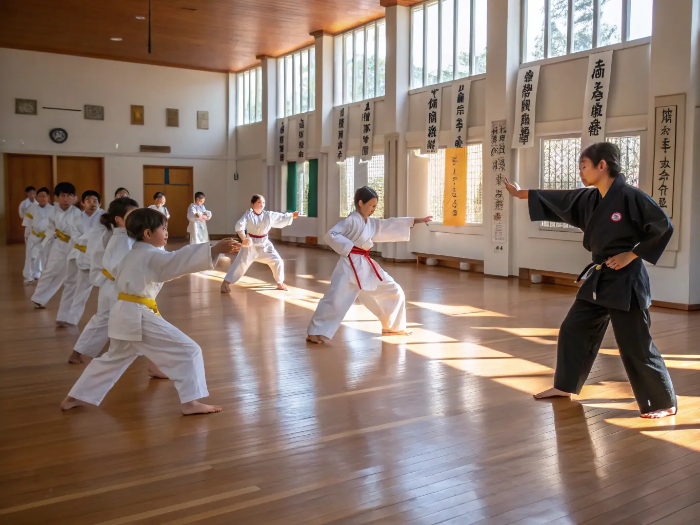 A group of students practicing Korean martial arts techniques at Severac Taekwondo, Severac D'Aveyron. The image should convey tradition and focus.