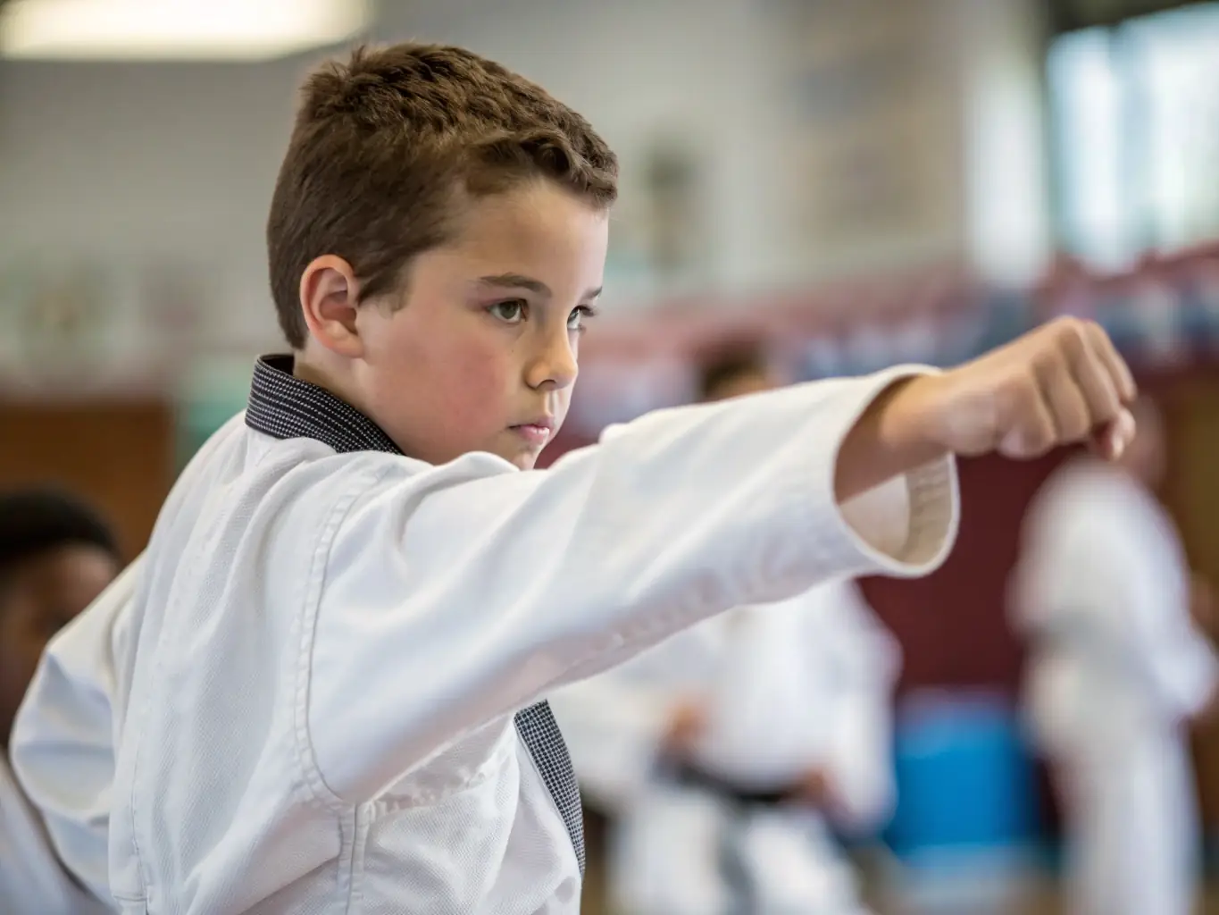 A focused image of a student breaking a wooden board during a Taekwondo demonstration, symbolizing the development of mental strength and discipline at Severac Taekwondo.